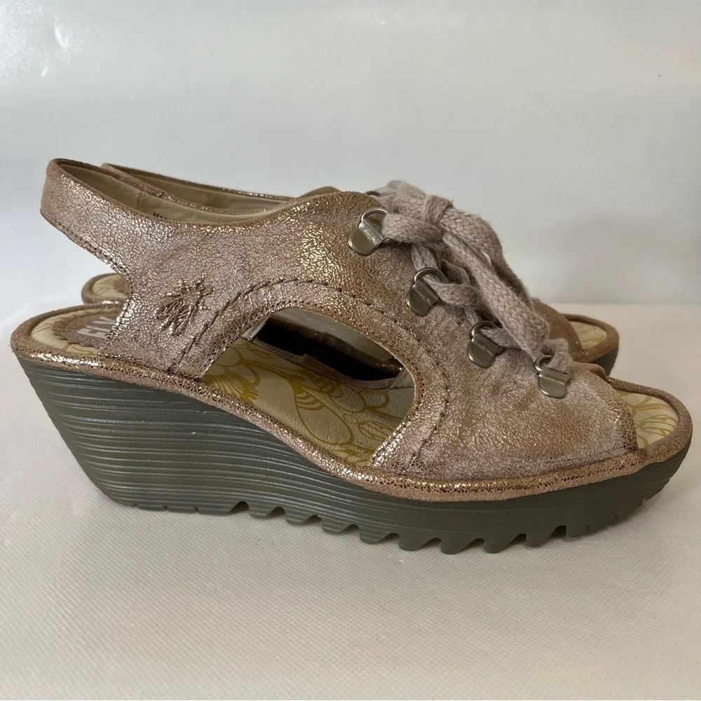 Fly London Ylfa Leather Lace Up Wedge Sandals